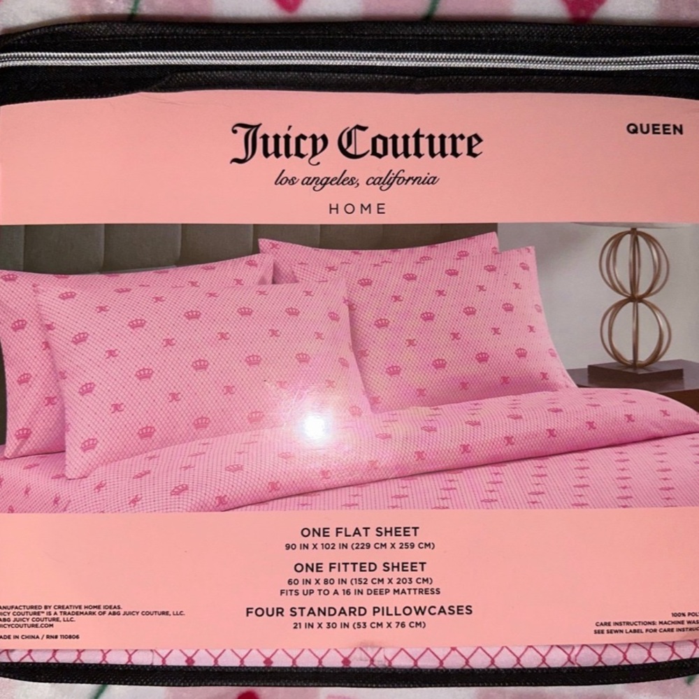 Juicy Couture Pink Crown JC Logo Bed Sheet Set - Queen